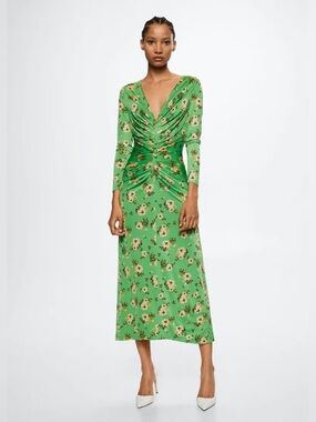 Mango Green Floral Ruched Long-Sleeve Maxi Dress